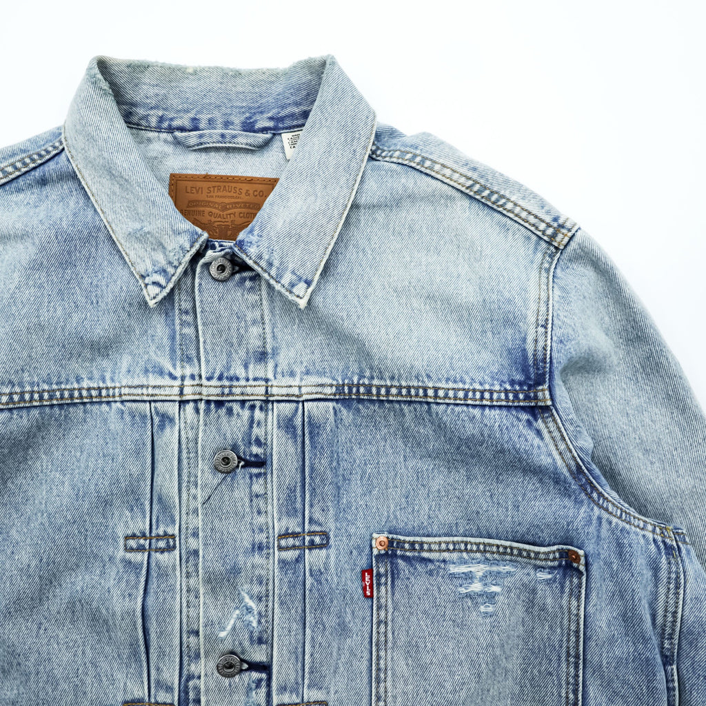 Levi's World War II Model 1st Type Big E Distressed Denim Trucker Jacket Type I G-Jean XL Cinch Back Short Length Double Pleats PREMIUM A3174-0006