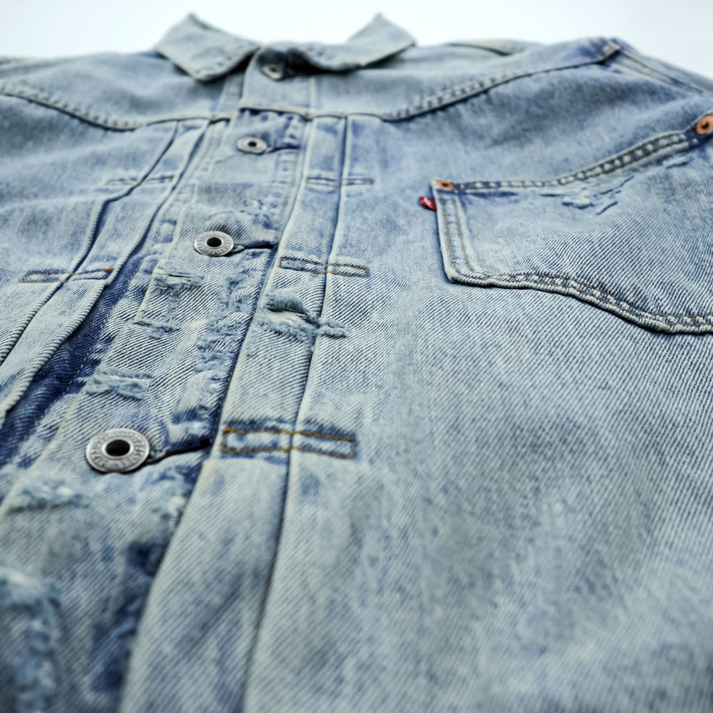 Levi's World War II Model 1st Type Big E Distressed Denim Trucker Jacket Type I G-Jean XL Cinch Back Short Length Double Pleats PREMIUM A3174-0006