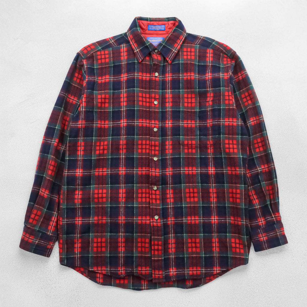 PENDLETON Flannel Shirt Long Sleeve Wool Shirt M Check Red Chest Pocket VIRGIN WOOL