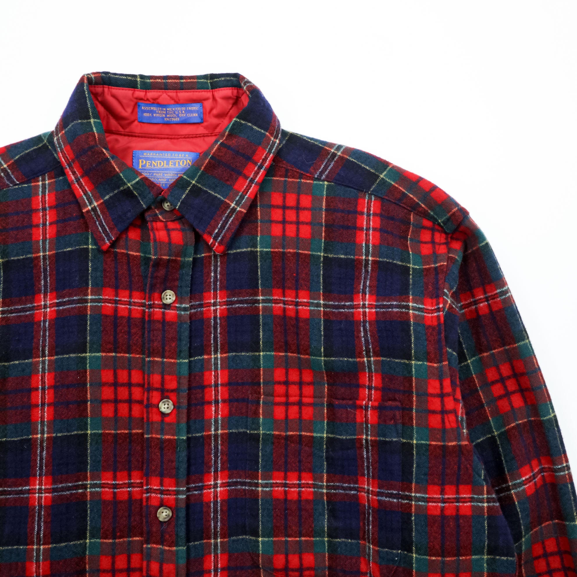 PENDLETON Flannel Shirt Long Sleeve Wool Shirt M Check Red Chest Pocket VIRGIN WOOL