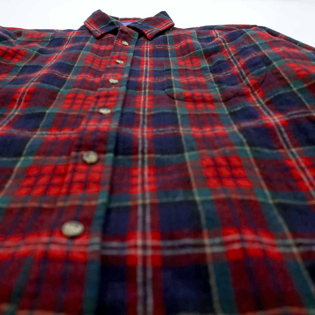PENDLETON Flannel Shirt Long Sleeve Wool Shirt M Check Red Chest Pocket VIRGIN WOOL