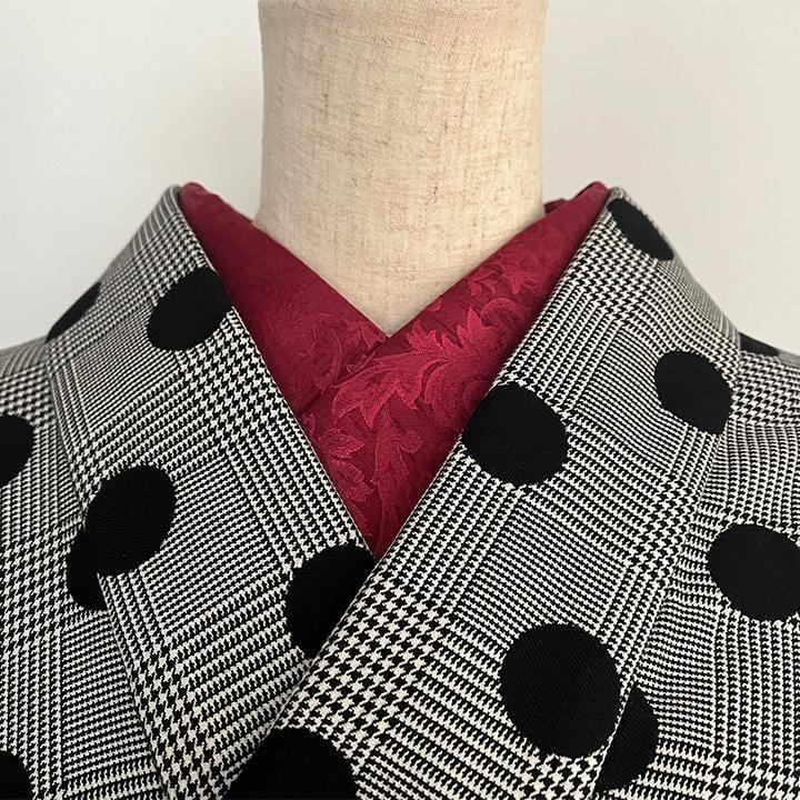 Damask woven pattern in deep crimson, half-collar, handmade half-collar, botanical, red