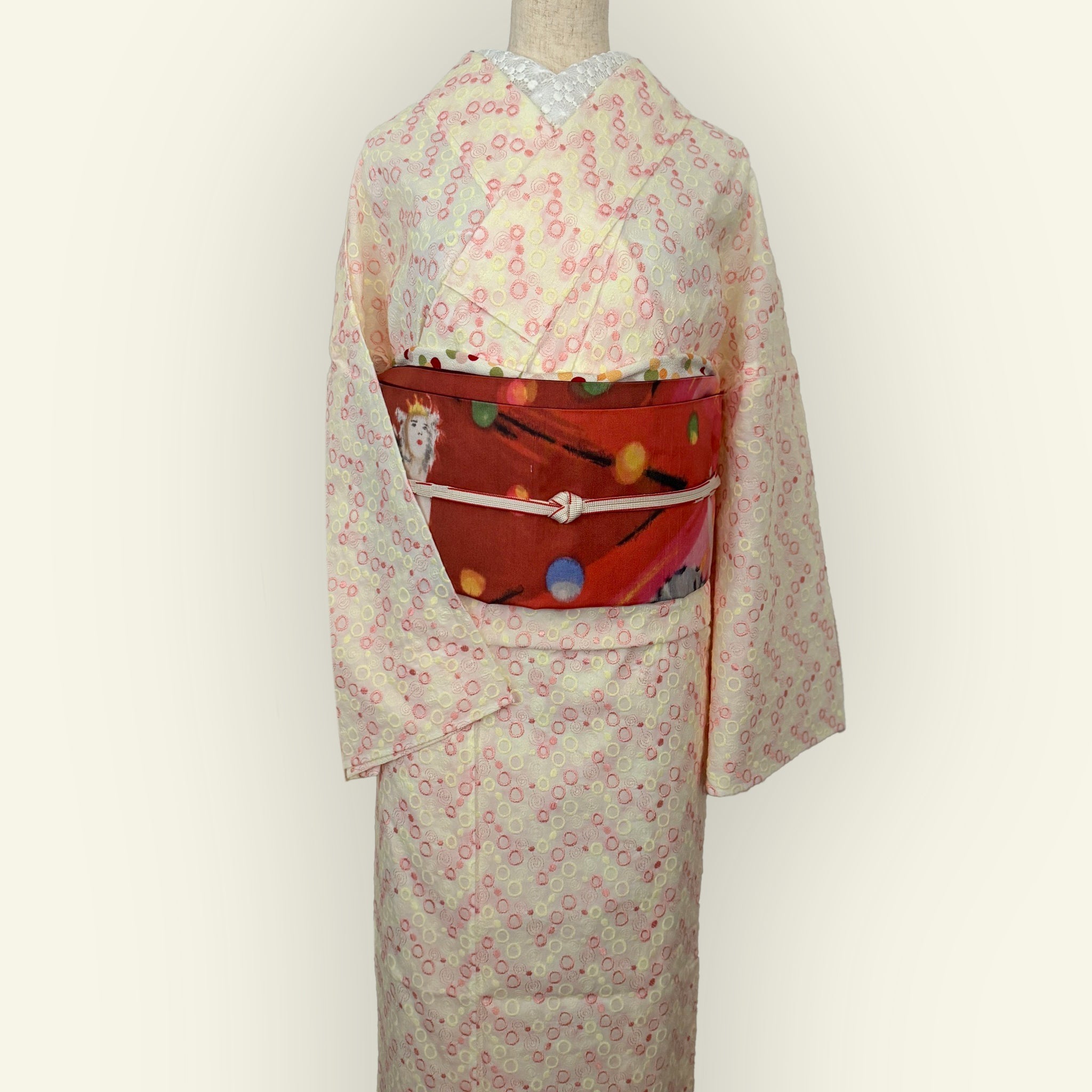 Kimono, unlined, embroidered, pink and yellow dots, cotton, polka dot, casual