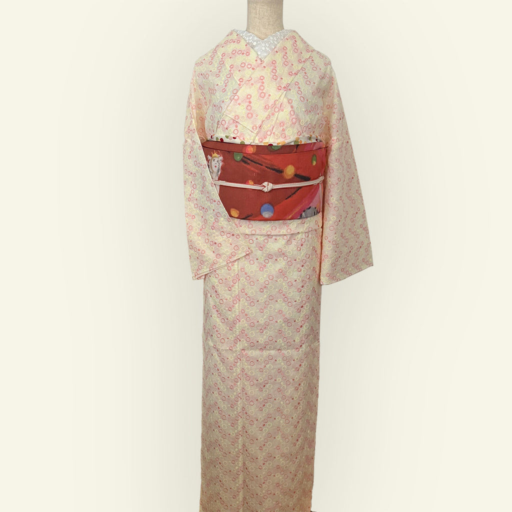 Kimono, unlined, embroidered, pink and yellow dots, cotton, polka dot, casual