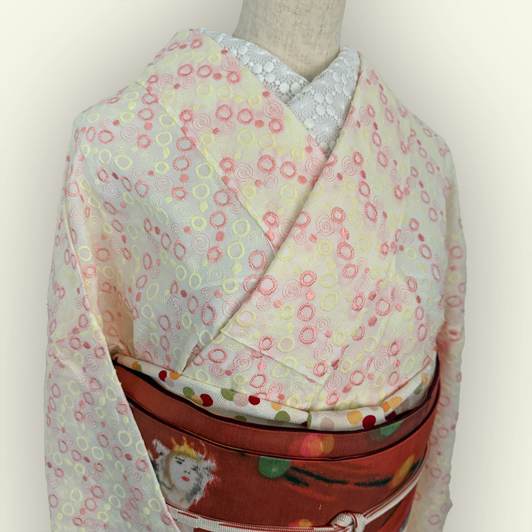 Kimono, unlined, embroidered, pink and yellow dots, cotton, polka dot, casual