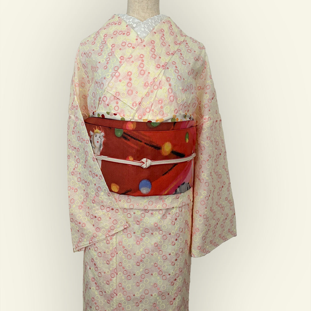 Kimono, unlined, embroidered, pink and yellow dots, cotton, polka dot, casual