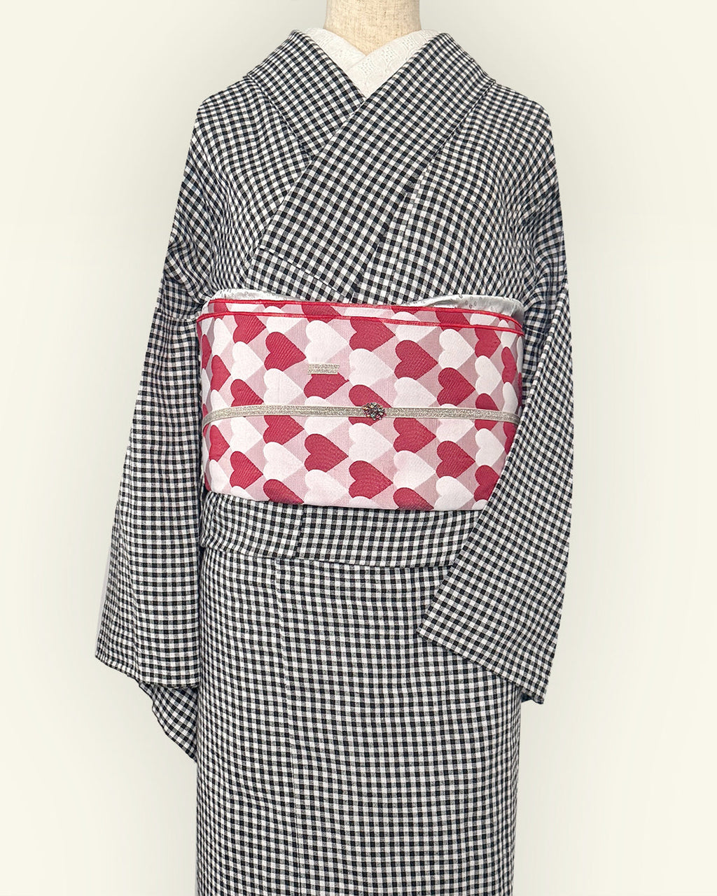 Heavily Pleated Obi for Adults: Heart, Regimental Stripe, Scale Pattern - Cute Red and Pink