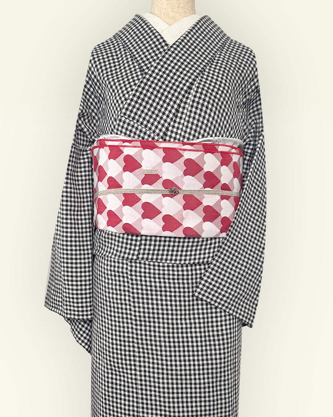 Heavily Pleated Obi for Adults: Heart, Regimental Stripe, Scale Pattern - Cute Red and Pink