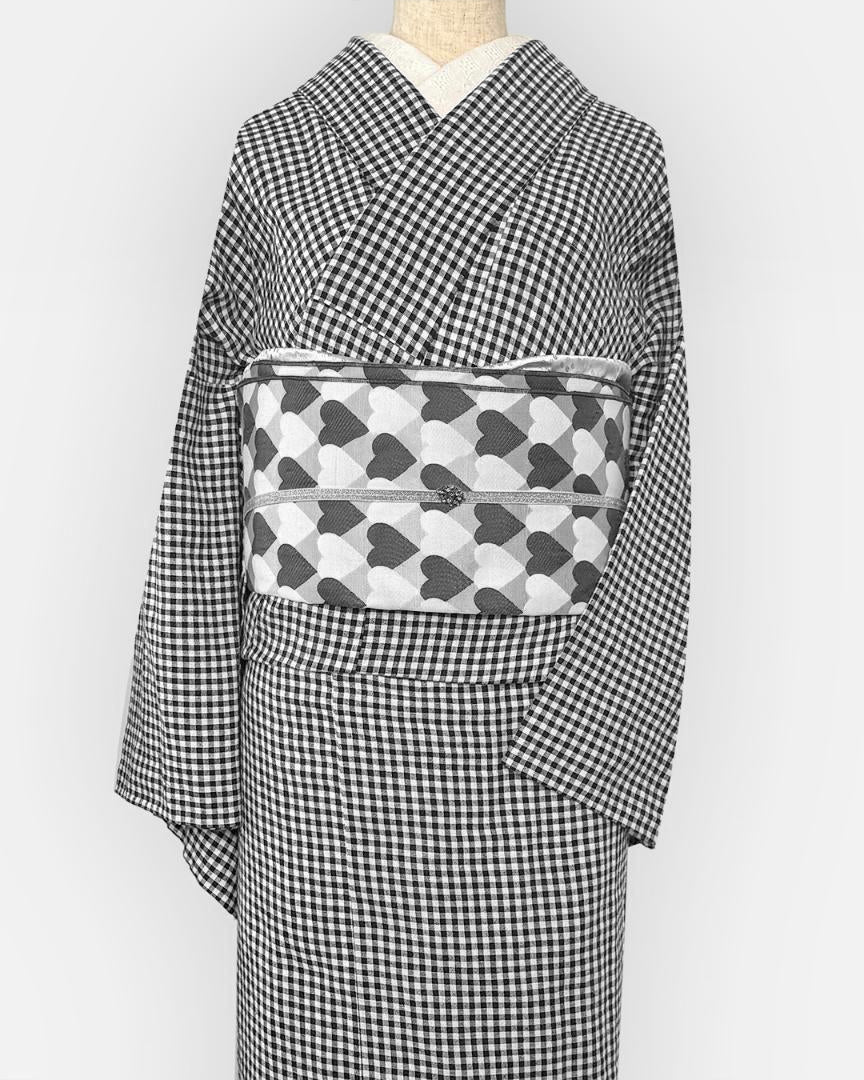 Hecko Obi, Adult Hecko Obi, Heart, Regimental Stripes, Scale Pattern, Cute, Black, Gray, White, Mono