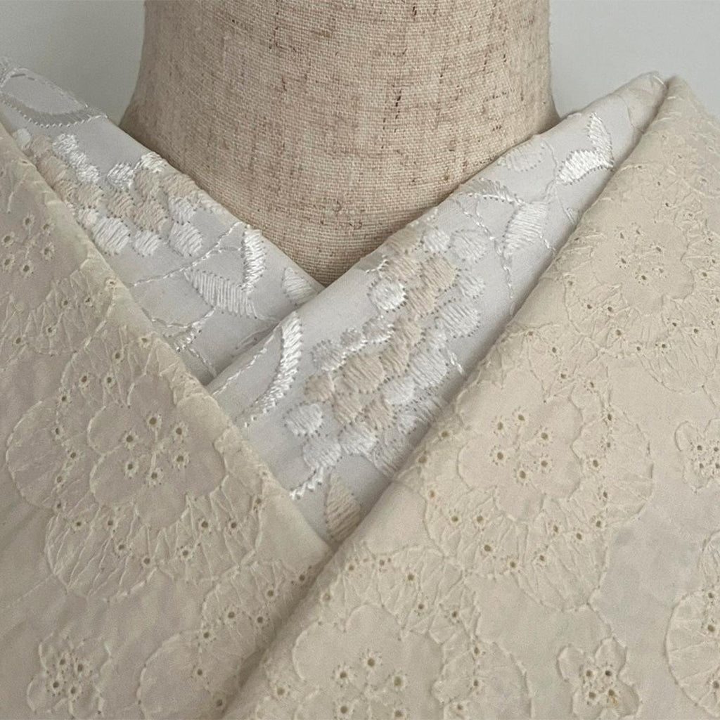 半衿 白実の万両 刺繍 コットンレース オフ白 半襟 洗える エンブロイダリー