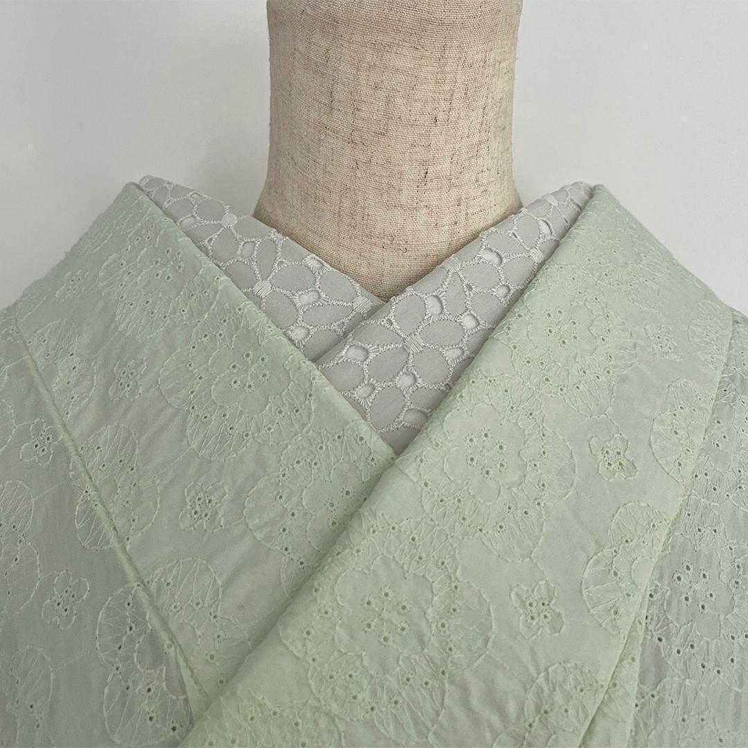 Han-eri (collar) - Dull mint cotton lace, floral design. Light green. Washable. Cute. Casual.