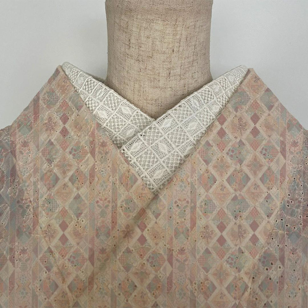 Collar: Diamond and Ichimatsu Lattice Off-White Cotton Lace Half-Collar, Retro Classic