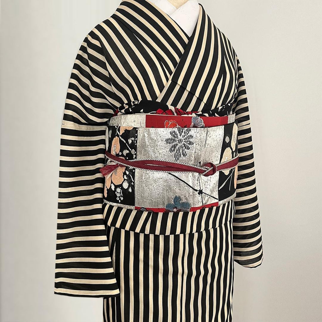 Obiage: Retro Modern, Chirimen Crepe, Sand-colored with Deep Crimson Yumeji Roses