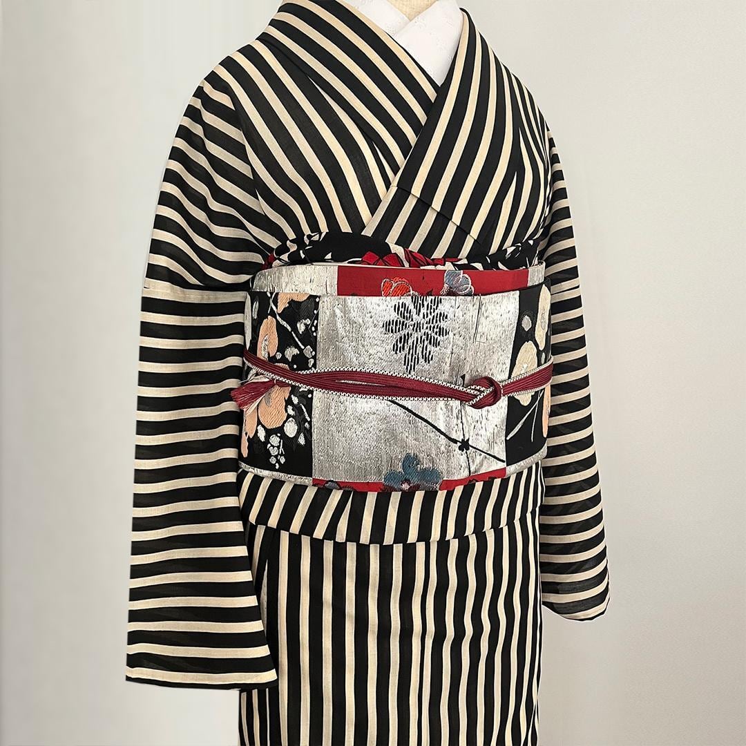 Obiage: Retro Modern, Chirimen Crepe, Sand-colored with Deep Crimson Yumeji Roses