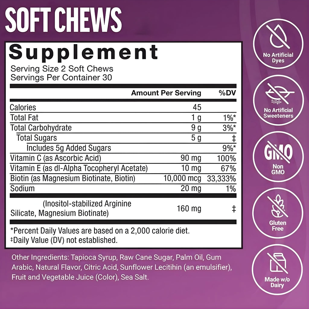 Hair Growth Gummies | Biotin 5000mcg + Plant Extracts | 60 Count