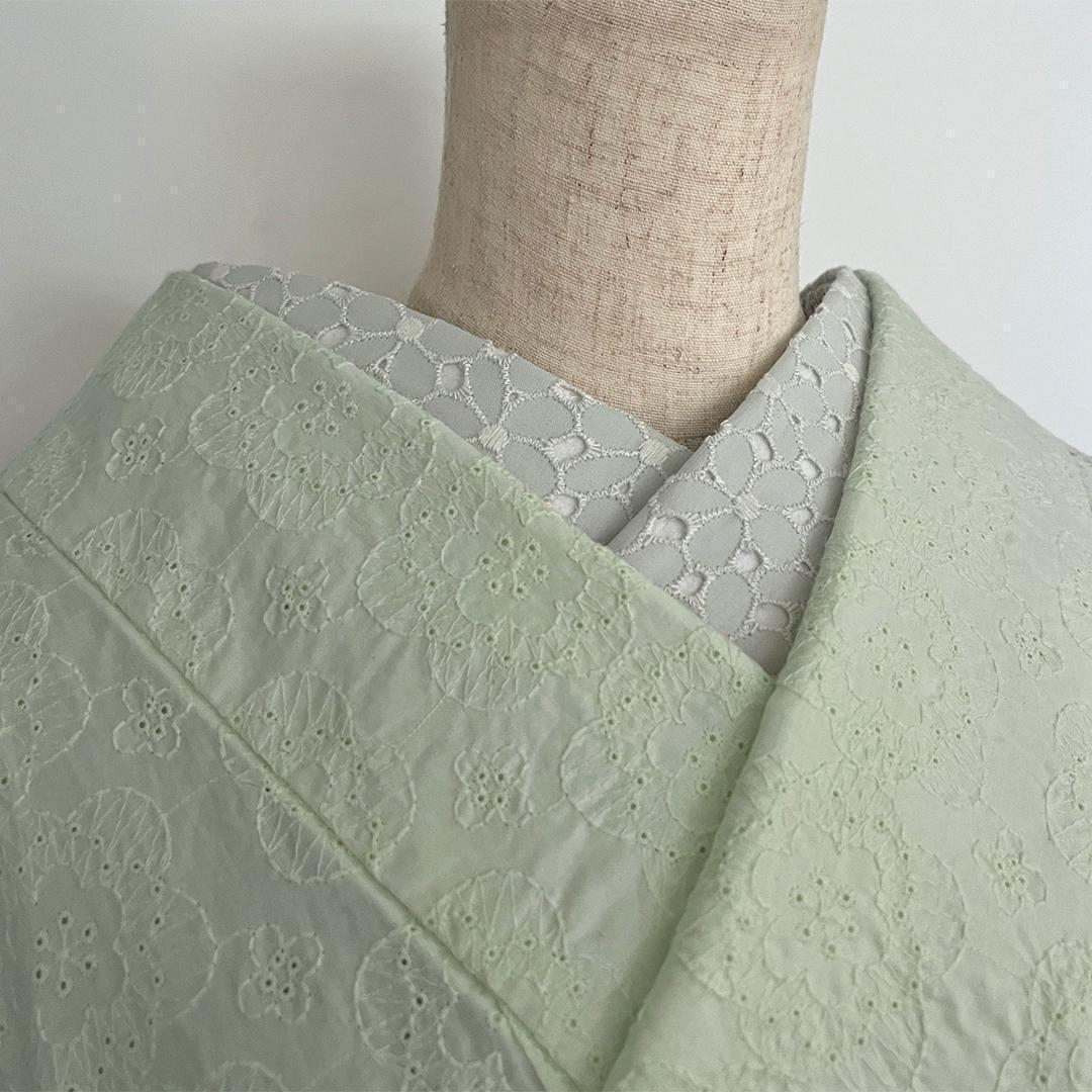 Han-eri (collar) - Dull mint cotton lace, floral design. Light green. Washable. Cute. Casual.