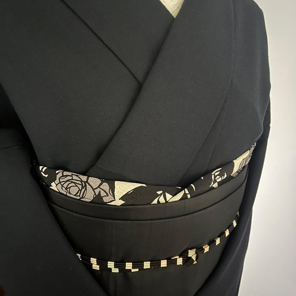 Obiage Retro Modern Chirimen Sand Color with Dusky Silver Yumeji Rose Crepe Obiage