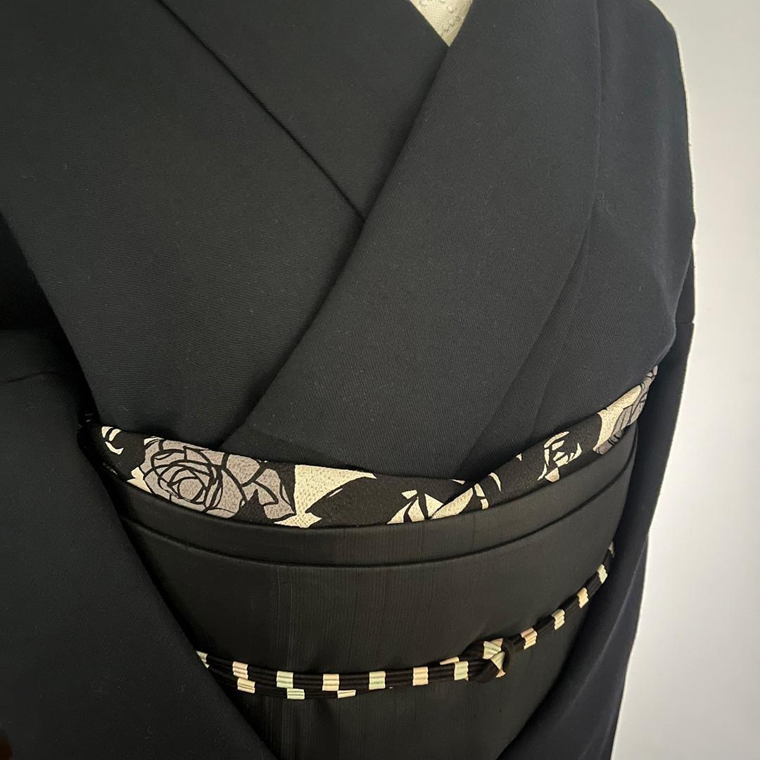 Obiage Retro Modern Chirimen Sand Color with Dusky Silver Yumeji Rose Crepe Obiage