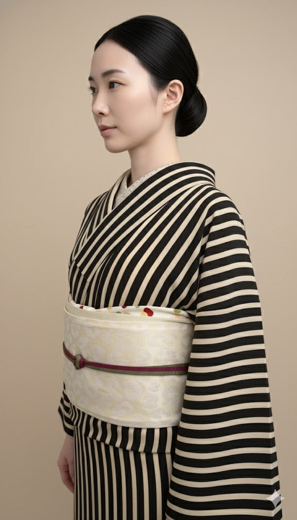 Half-width Obi 【Savanna Moon】 Half-width Hecko Obi for Adults, Reversible, White, Lame