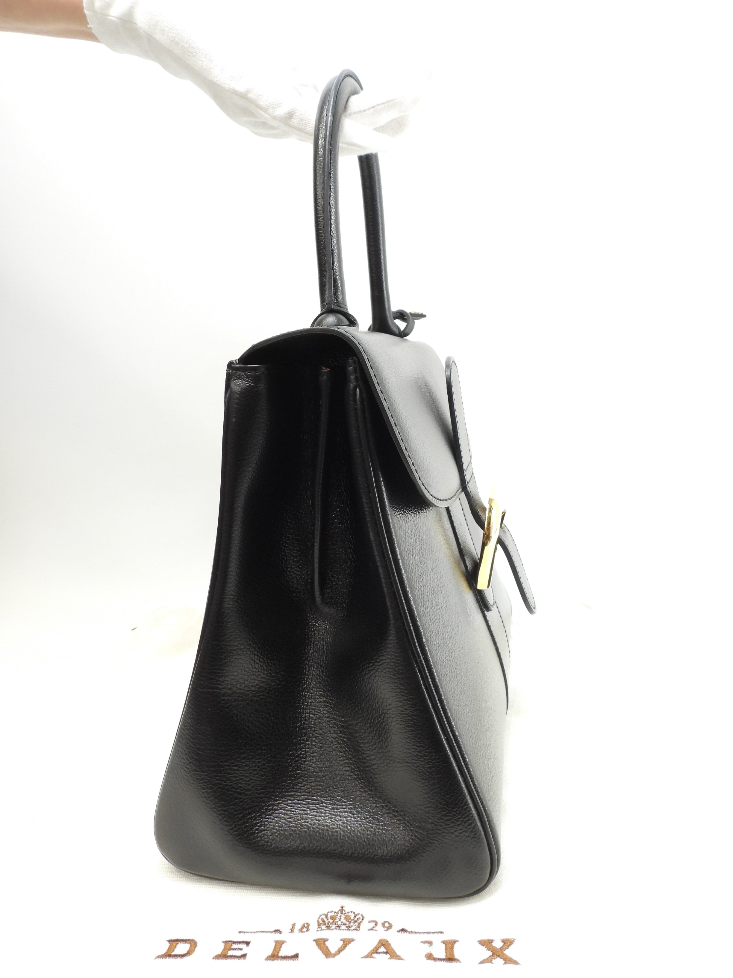 デルボー ブリヨンMM 型押レザー黒 ゴールド金具 ハンドバッグ ケリー型 美品@ 2