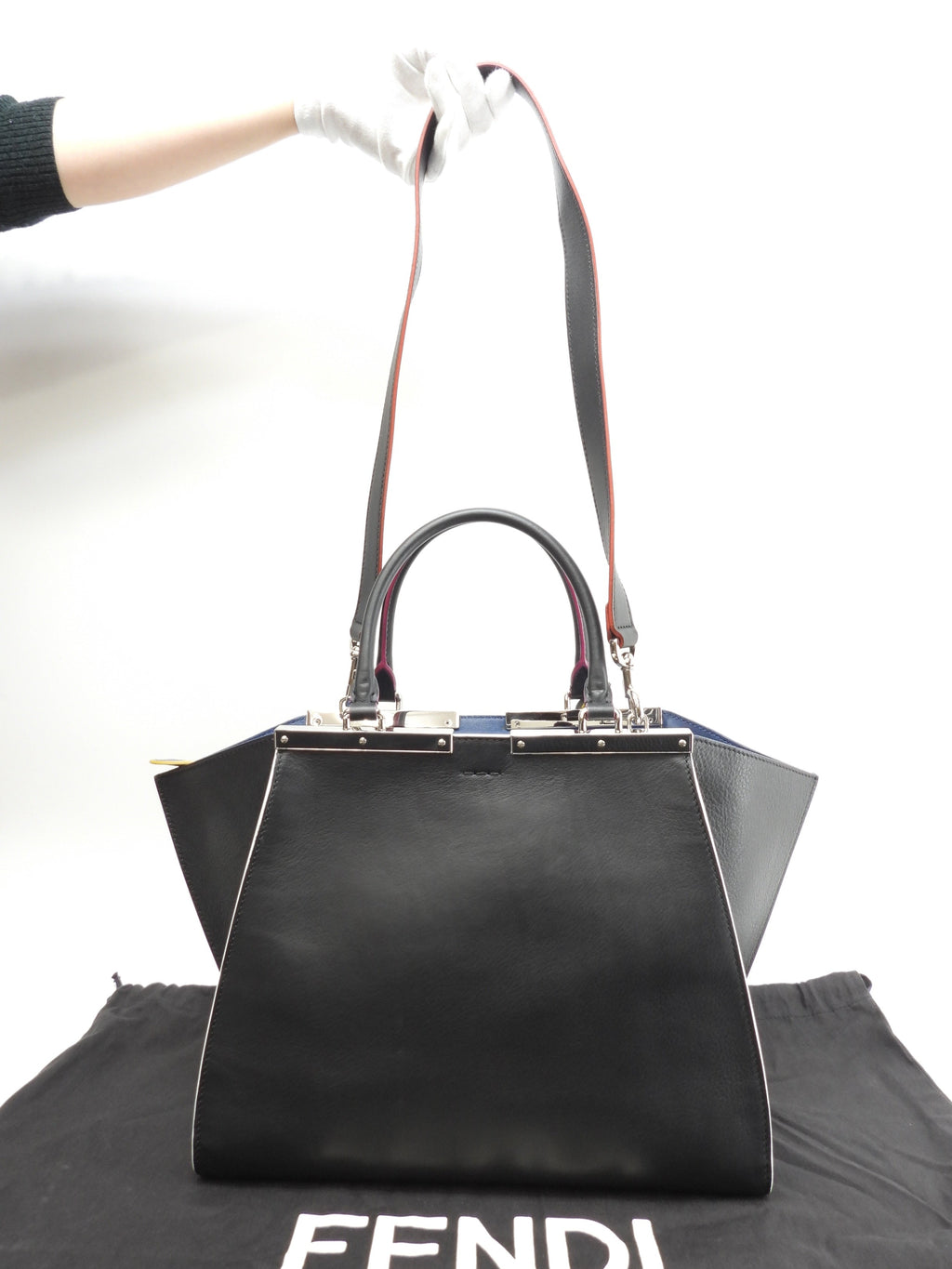 フェンディ トロワジュール レザー黒 s付ハンドバッグ トートバッグ 美品@ 57