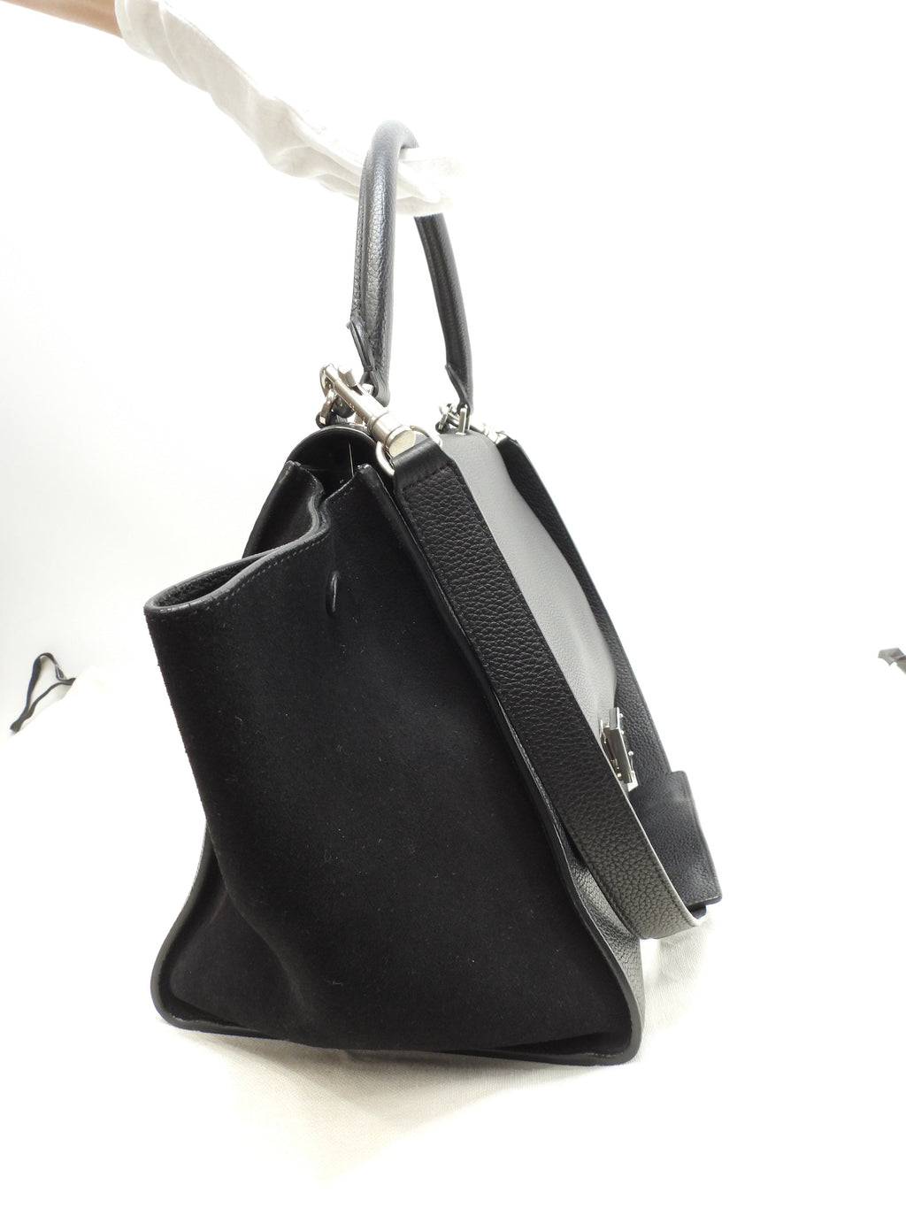 セリーヌ トラペーズ レザー黒 シルバー金具 s付ハンドバッグ 美品@ 59