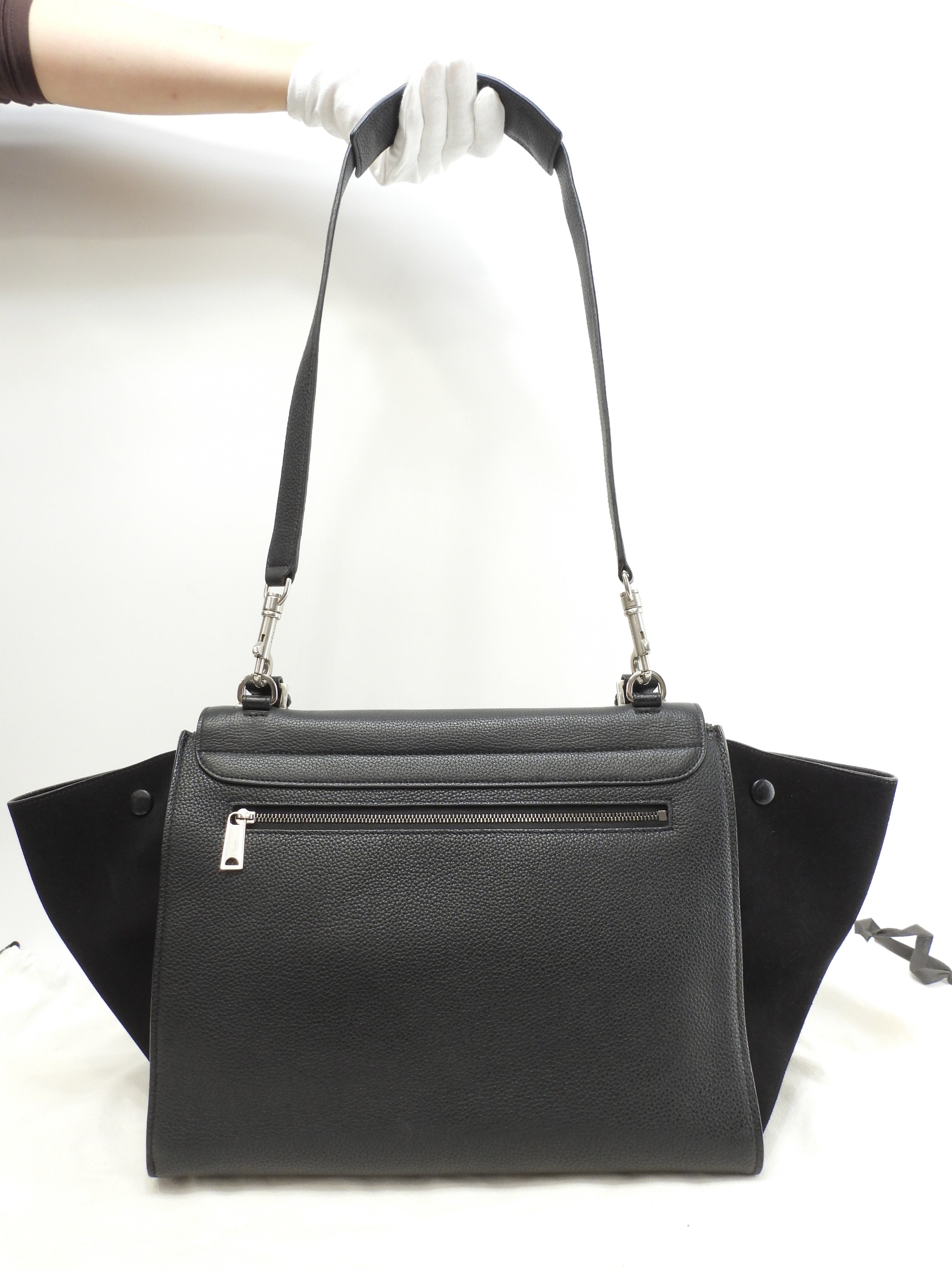セリーヌ トラペーズ レザー黒 シルバー金具 s付ハンドバッグ 美品@ 59