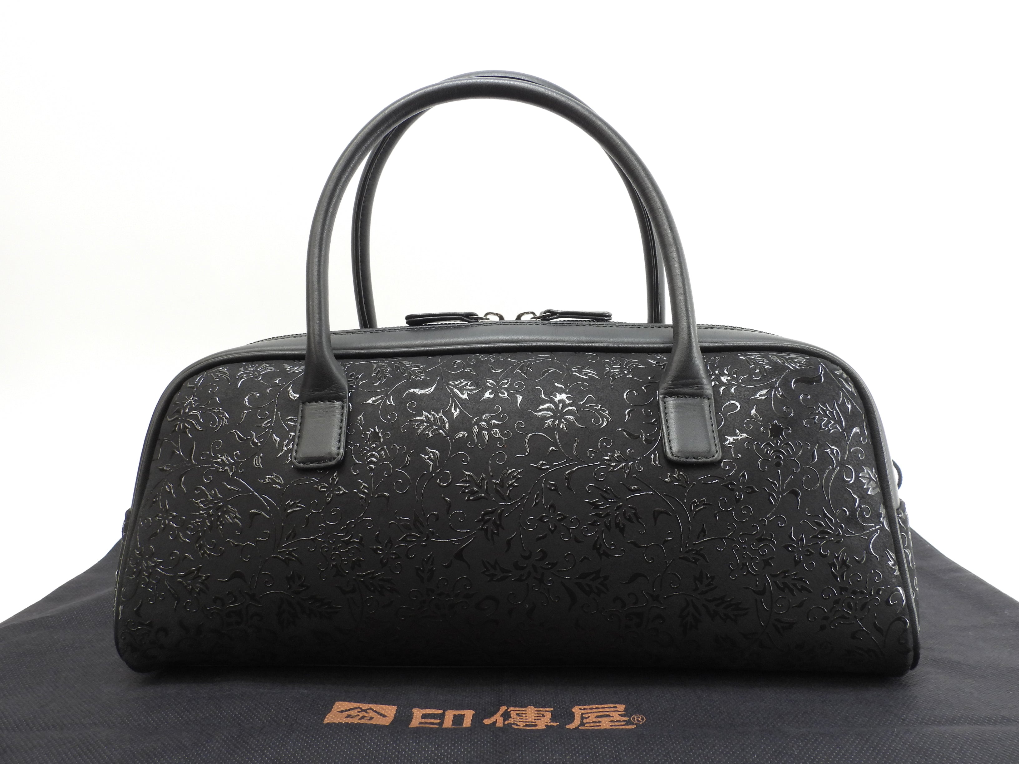 印傳屋 ハンドパック 花唐草 鹿革漆塗黒 トートバッグ 極美品@ 1