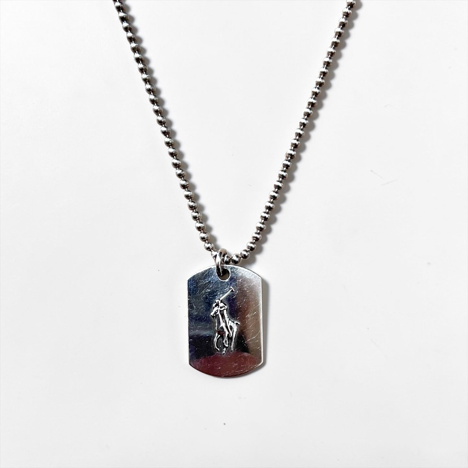 Ralph Lauren 90s Dog Tag Ball Chain Necklace Silver 925 Plate Pony Polo