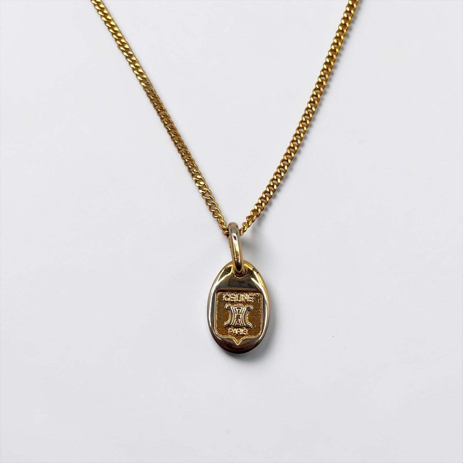 CELINE Vintage Triomphe Chain Necklace Pendant K18GF Gold Macadam Logo Oval Plate