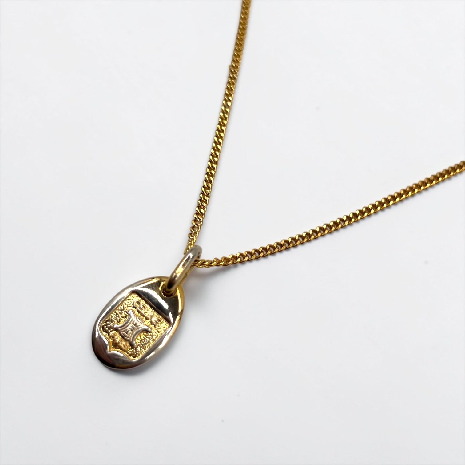 CELINE Vintage Triomphe Chain Necklace Pendant K18GF Gold Macadam Logo Oval Plate