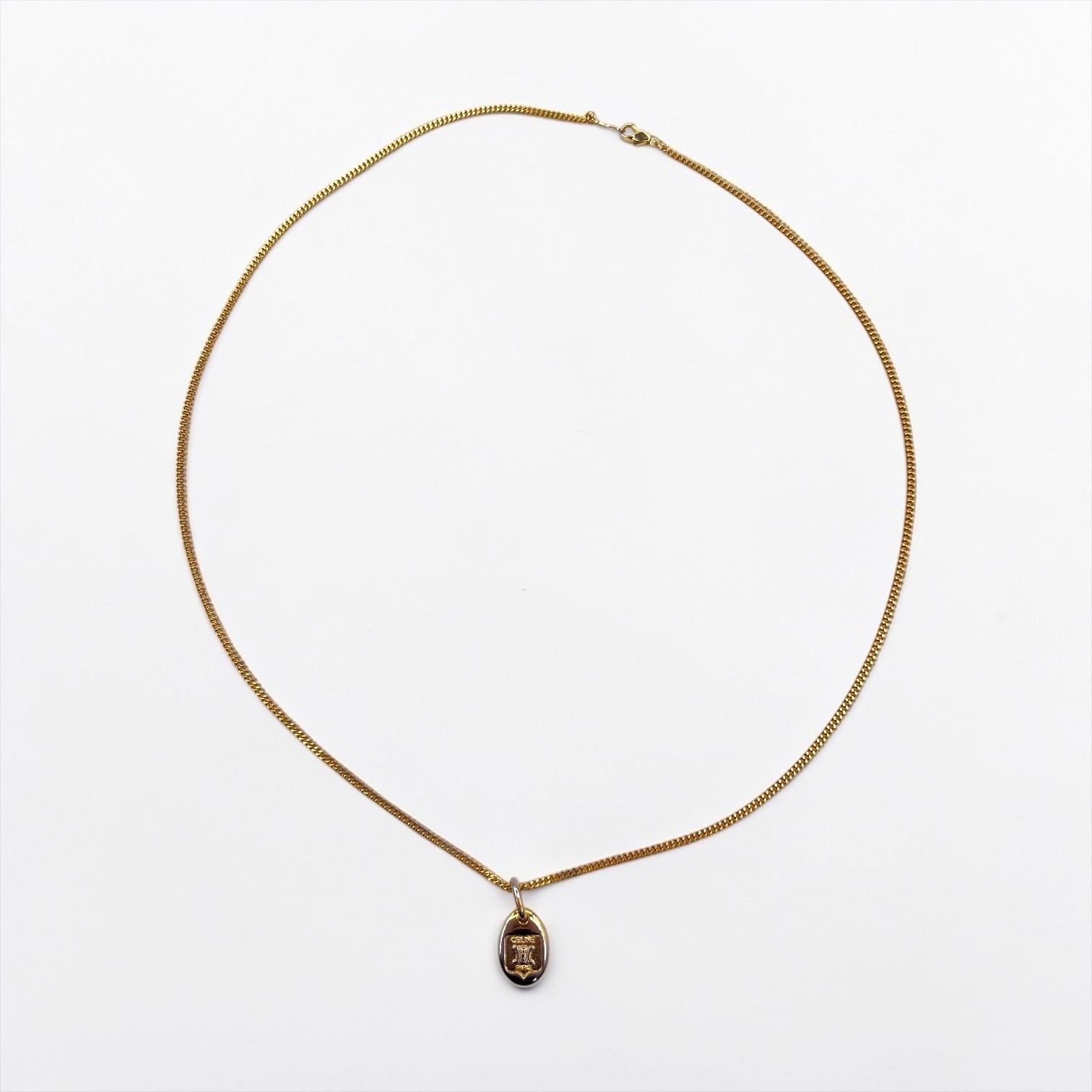 CELINE Vintage Triomphe Chain Necklace Pendant K18GF Gold Macadam Logo Oval Plate