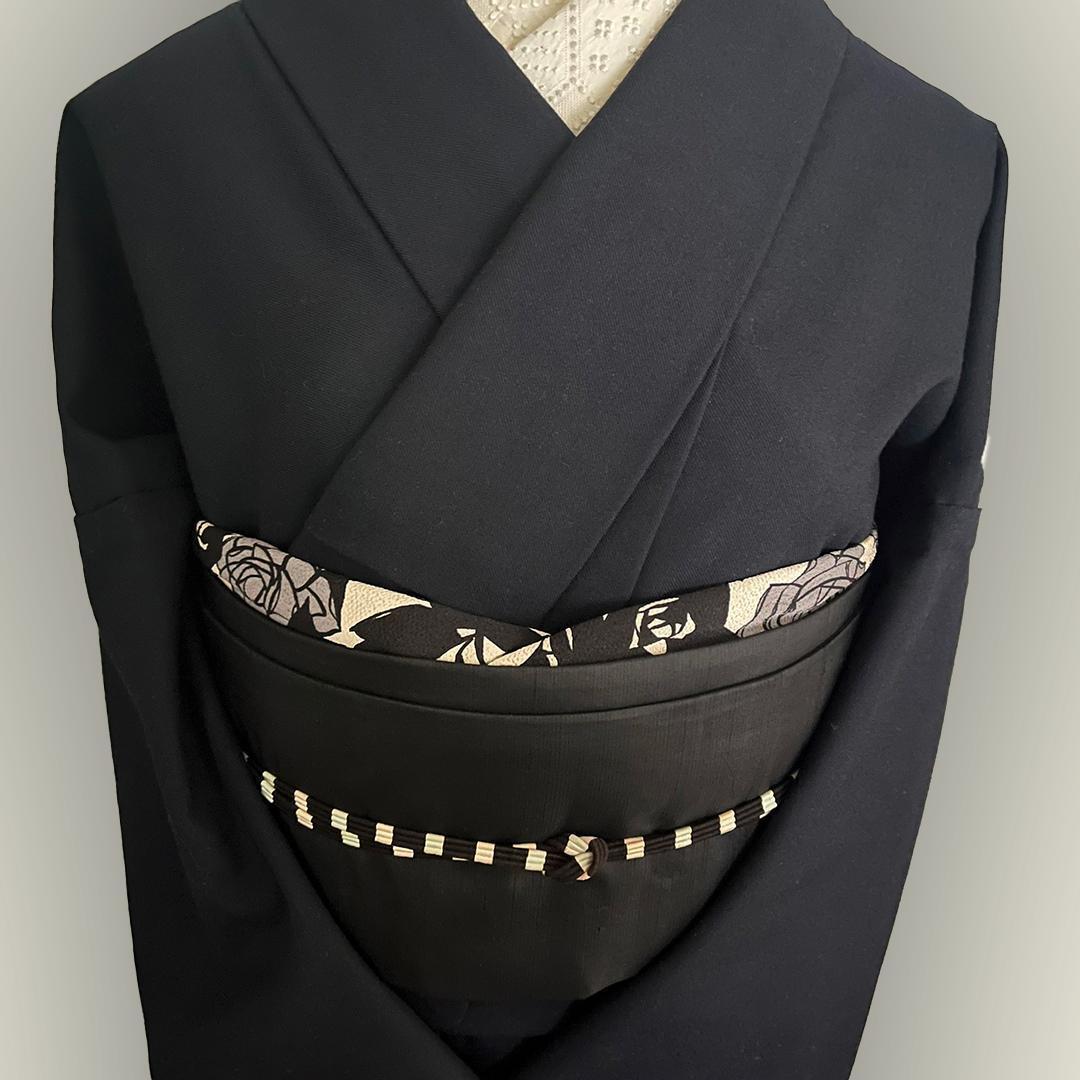 Obiage Retro Modern Chirimen Sand Color with Dusky Silver Yumeji Rose Crepe Obiage