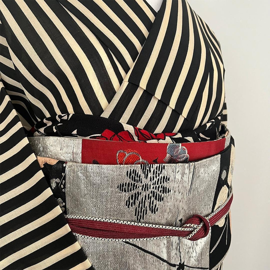 Obiage: Retro Modern, Chirimen Crepe, Sand-colored with Deep Crimson Yumeji Roses