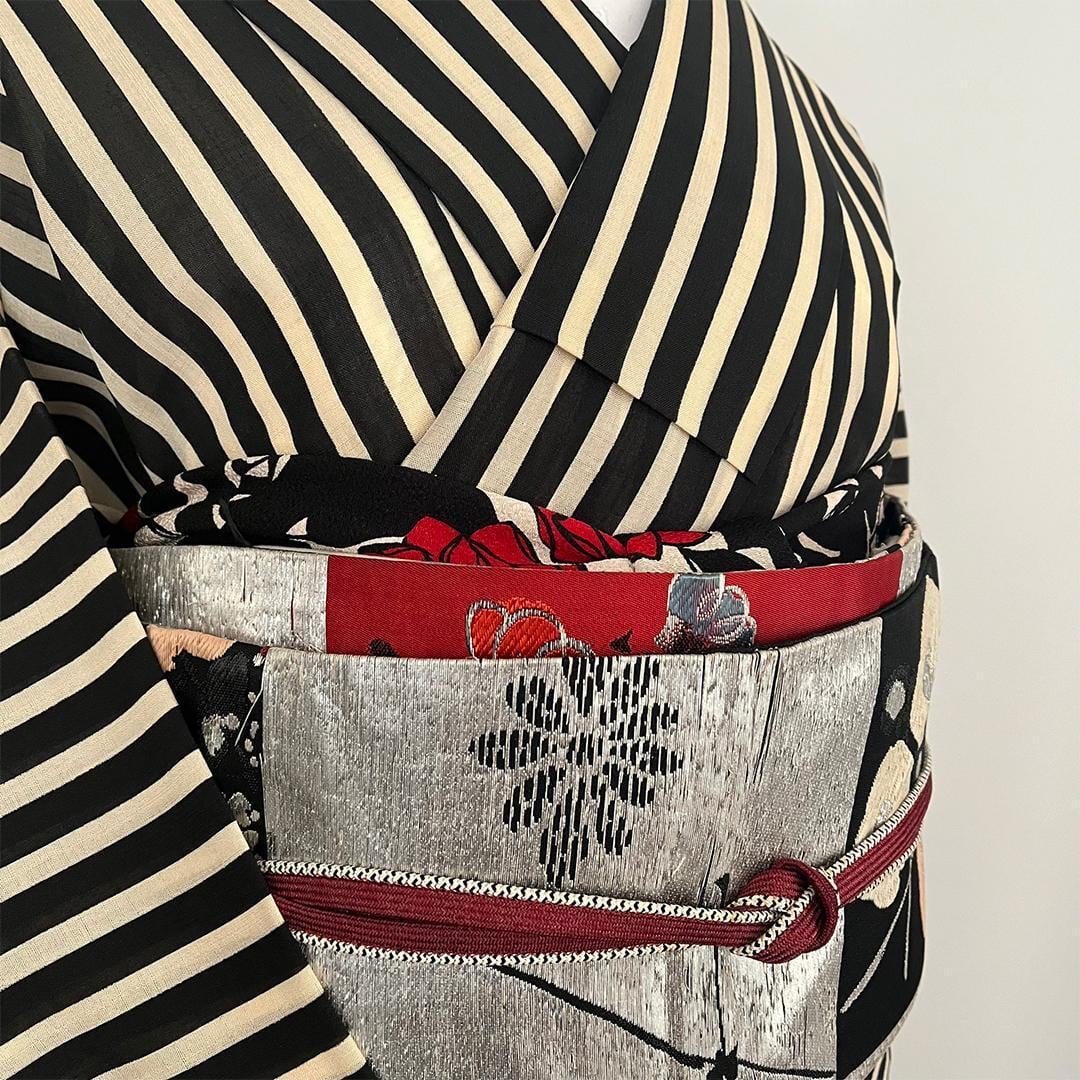 Obiage: Retro Modern, Chirimen Crepe, Sand-colored with Deep Crimson Yumeji Roses