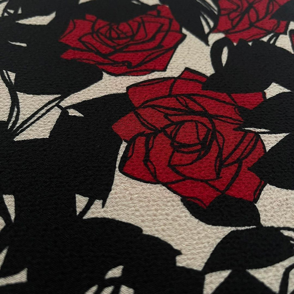Obiage: Retro Modern, Chirimen Crepe, Sand-colored with Deep Crimson Yumeji Roses