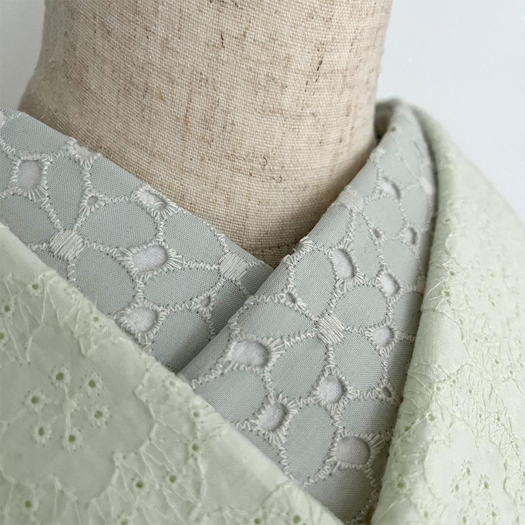 Han-eri (collar) - Dull mint cotton lace, floral design. Light green. Washable. Cute. Casual.