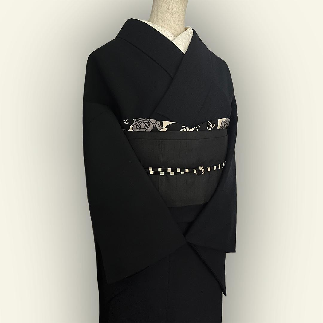 Obiage Retro Modern Chirimen Sand Color with Dusky Silver Yumeji Rose Crepe Obiage