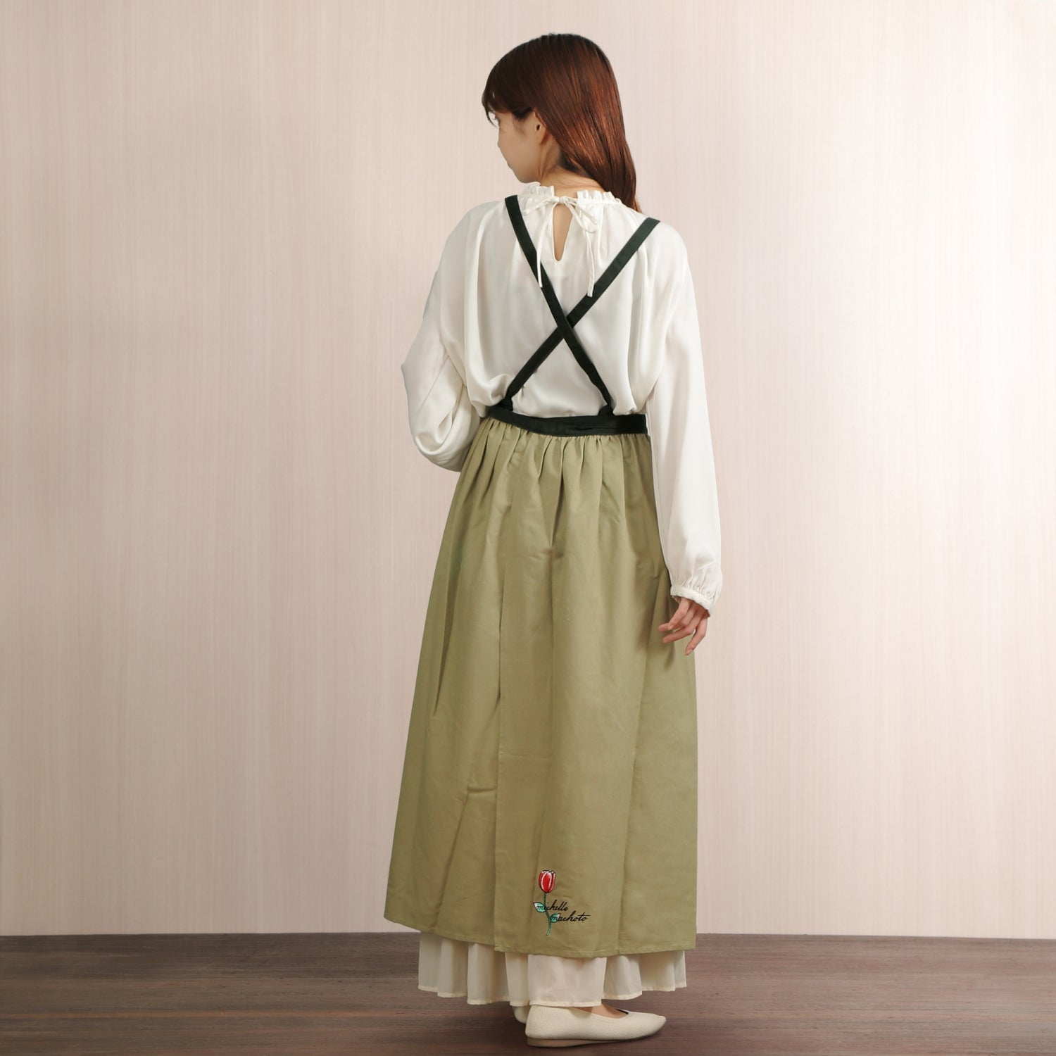 [Michelle Machoto]  ミッシェルマコット イワツメクサ柄 ロング ワイド ギャザー エプロン D-0003