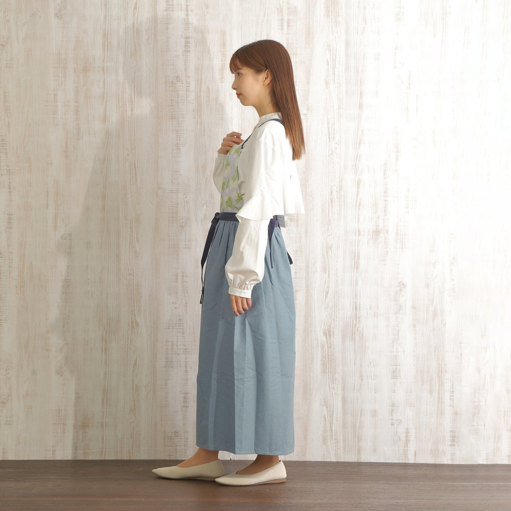 [Michelle Machoto] ミッシェルマコット アオノツガザクラ柄 ロング ワイド ギャザー エプロン D-0001