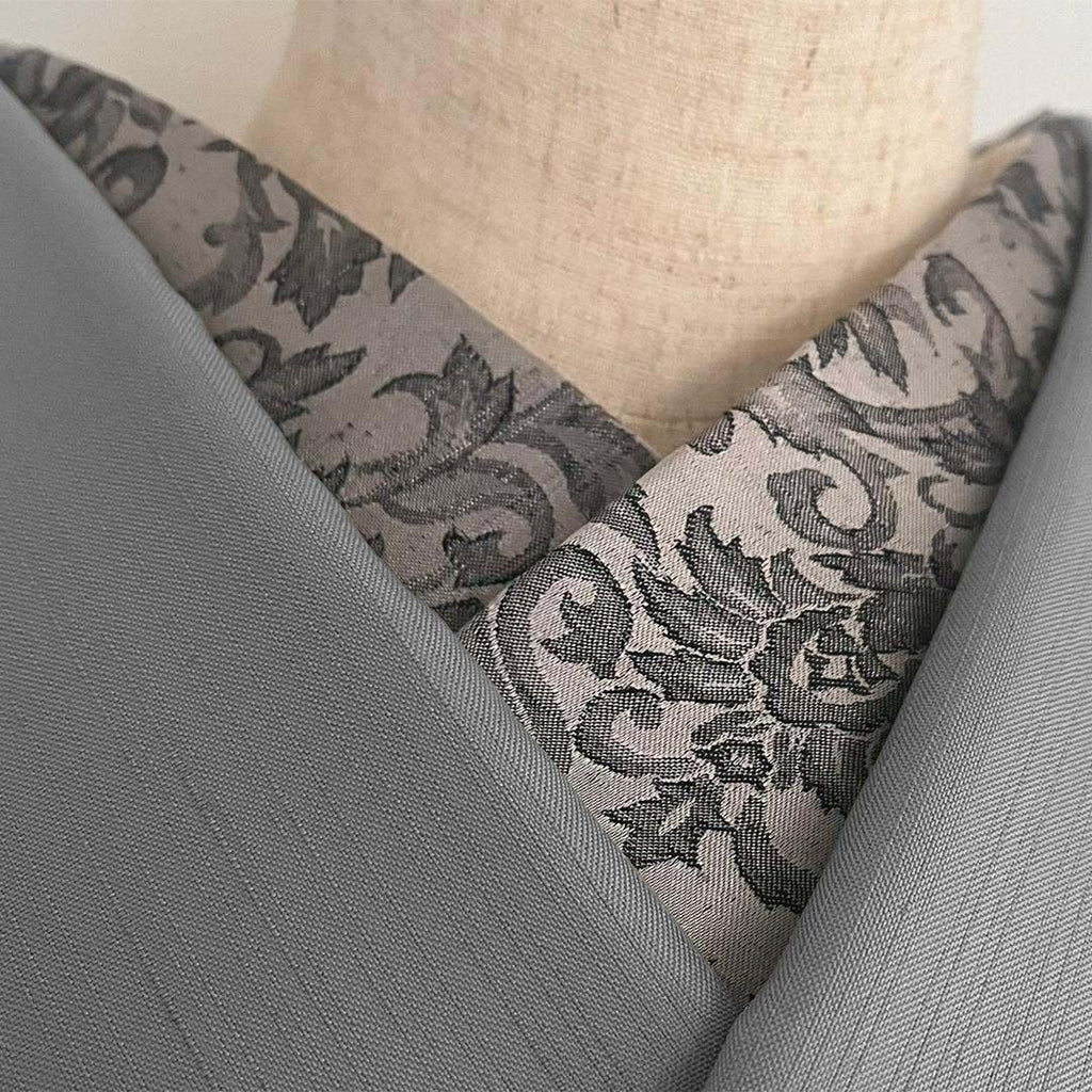 Haneri Damask woven pattern black and silver Haneri Botanical gray Reversible