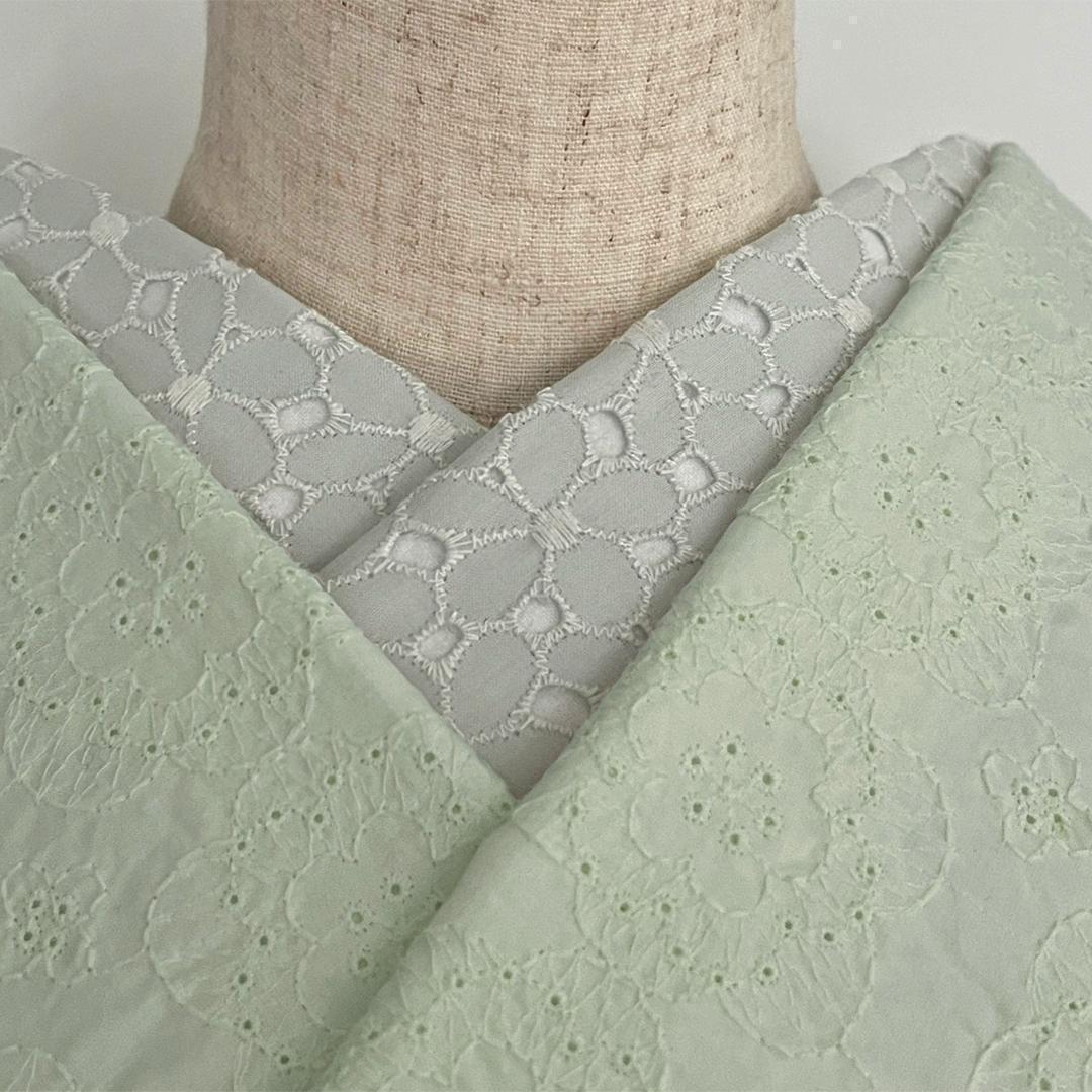 Han-eri (collar) - Dull mint cotton lace, floral design. Light green. Washable. Cute. Casual.