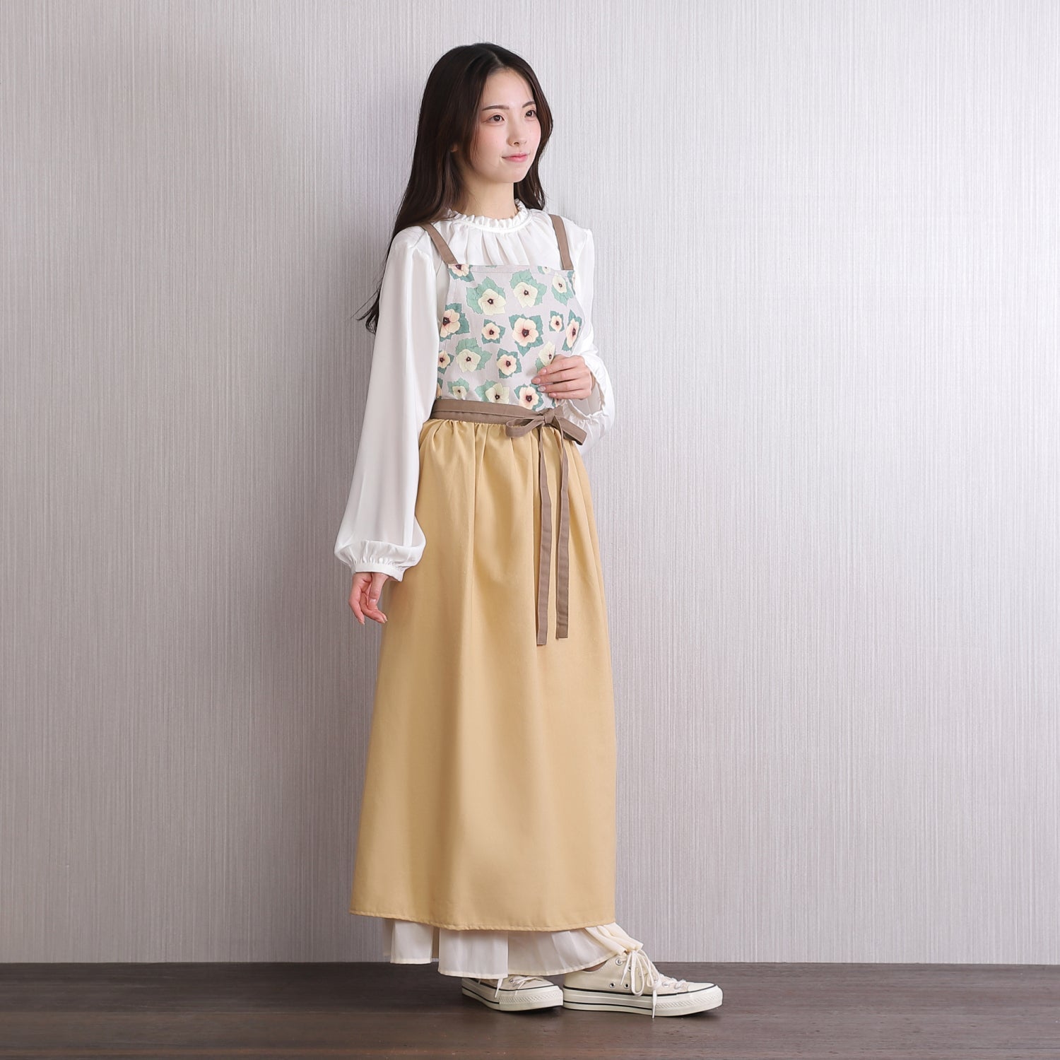 [Michelle Machoto]  ミッシェルマコット おくら柄 ロング ワイド ギャザー エプロン D-0013