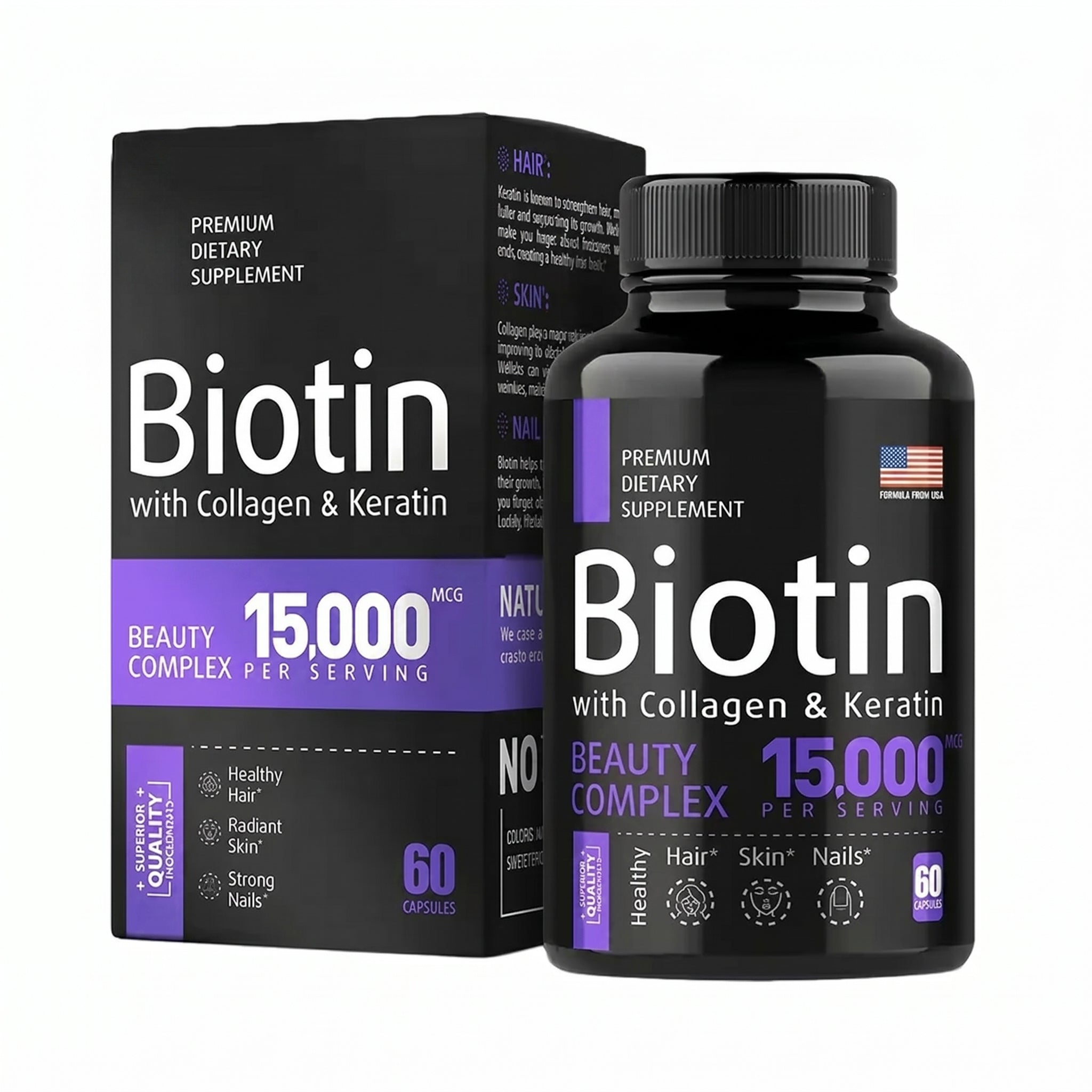 Biotin 15,000mcg Capsules | Zinc, B12, D3 & Folate | Hair & Nail Health